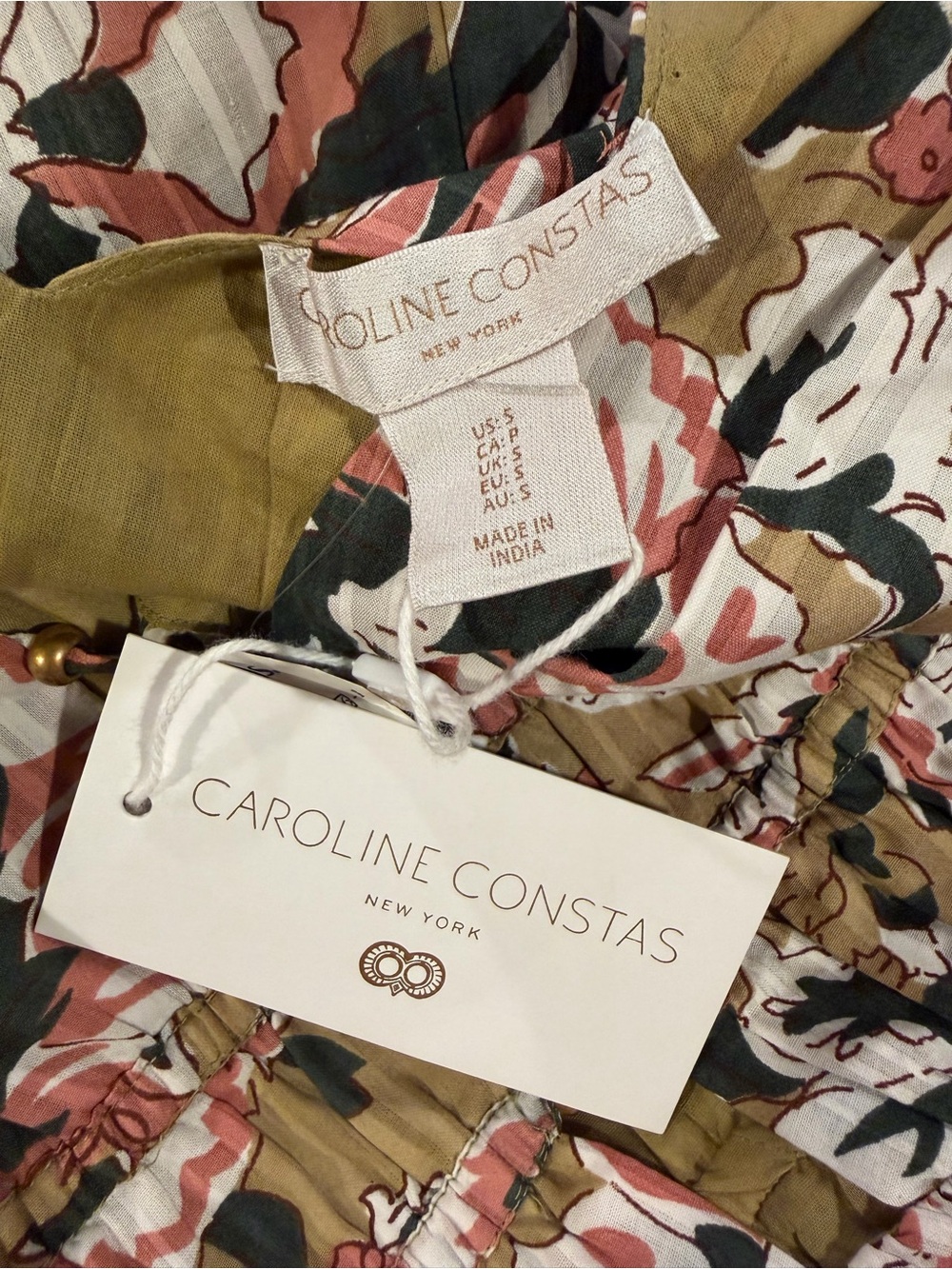 Caroline Constas Floral Botanical Beaded Smocked Maxi Dress Green Cream NWT - Picture 10 of 11